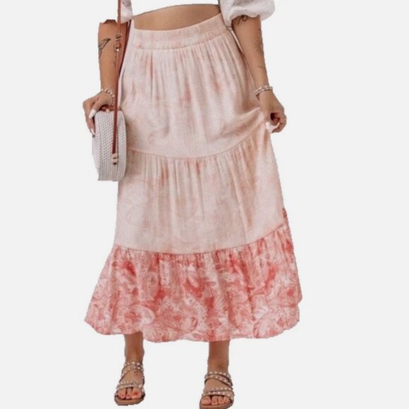 Wonderly Peasant Skirt Midi Medium Boho Tiered Pull on Peachy - Picture 1 of 9